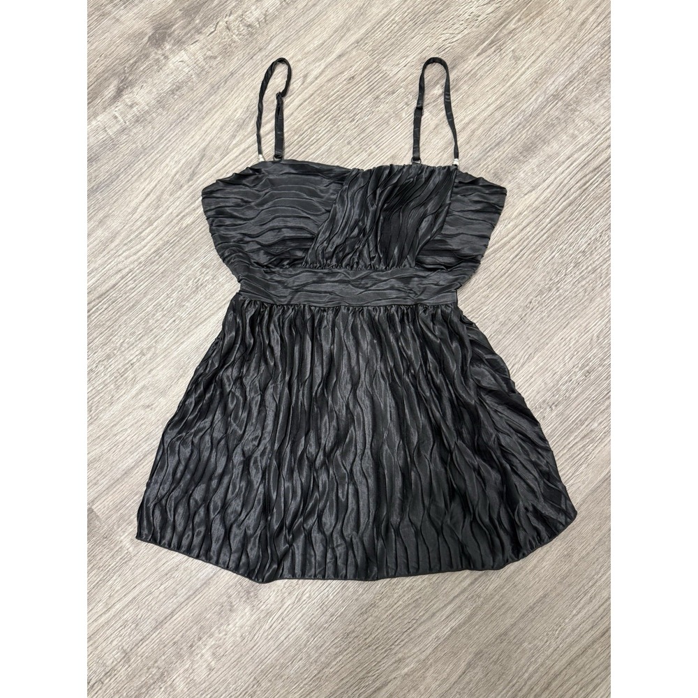 Black Textured Babydoll Camisole Pleated Crossover Bust Adjustable Straps Top